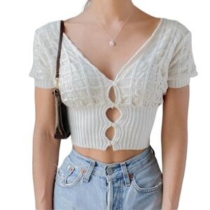 Urban Outfitters Women Small Petite Knit Crop Top Ivory Short Sleeve Buttonfront